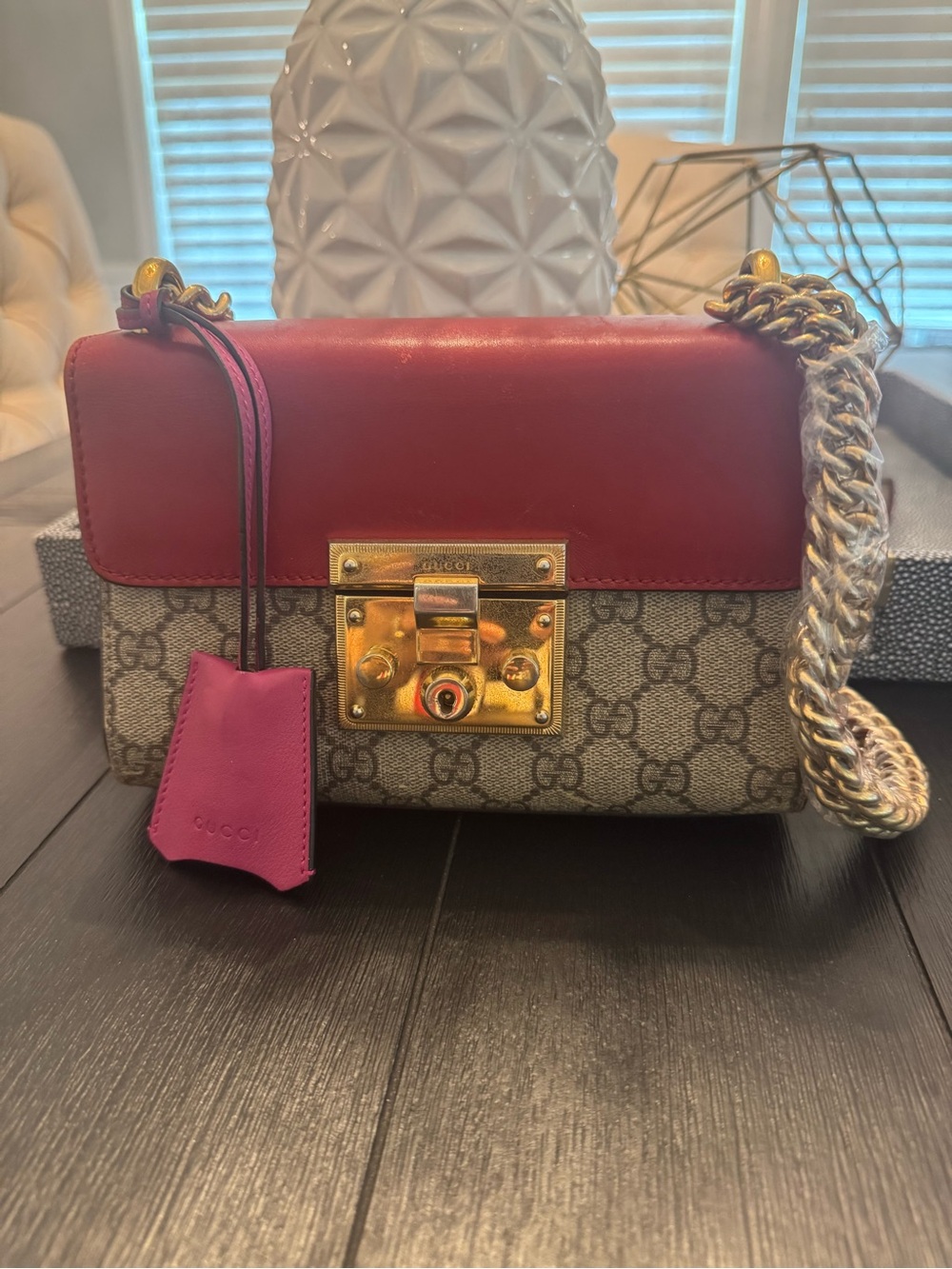 Gucci GG Padlock Supreme Shoulder Bag with Red Trim and Pink Tag